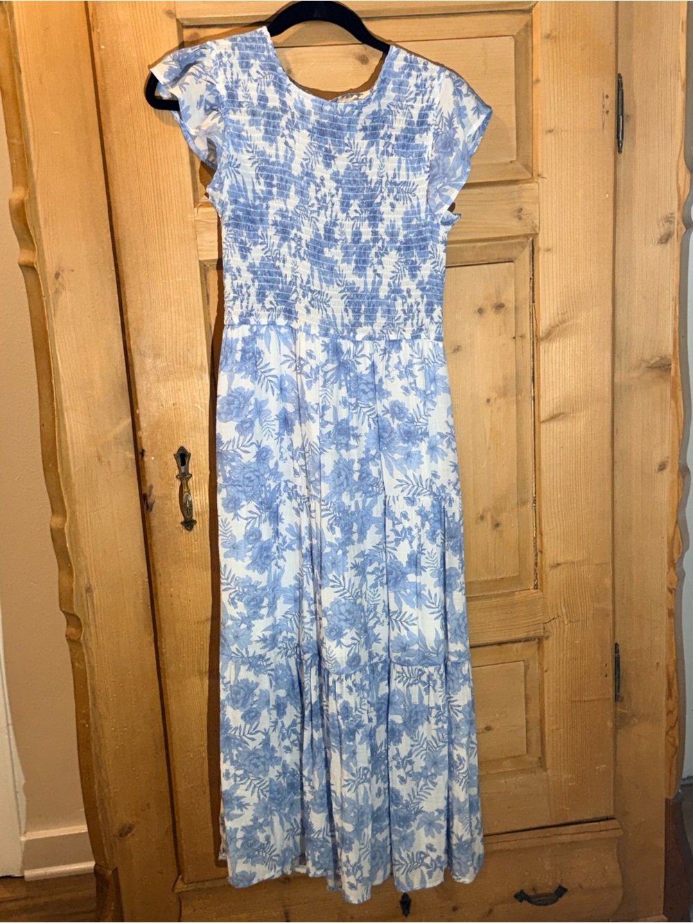 Blue and White Floral Maxi Dress with Smocked Bodice